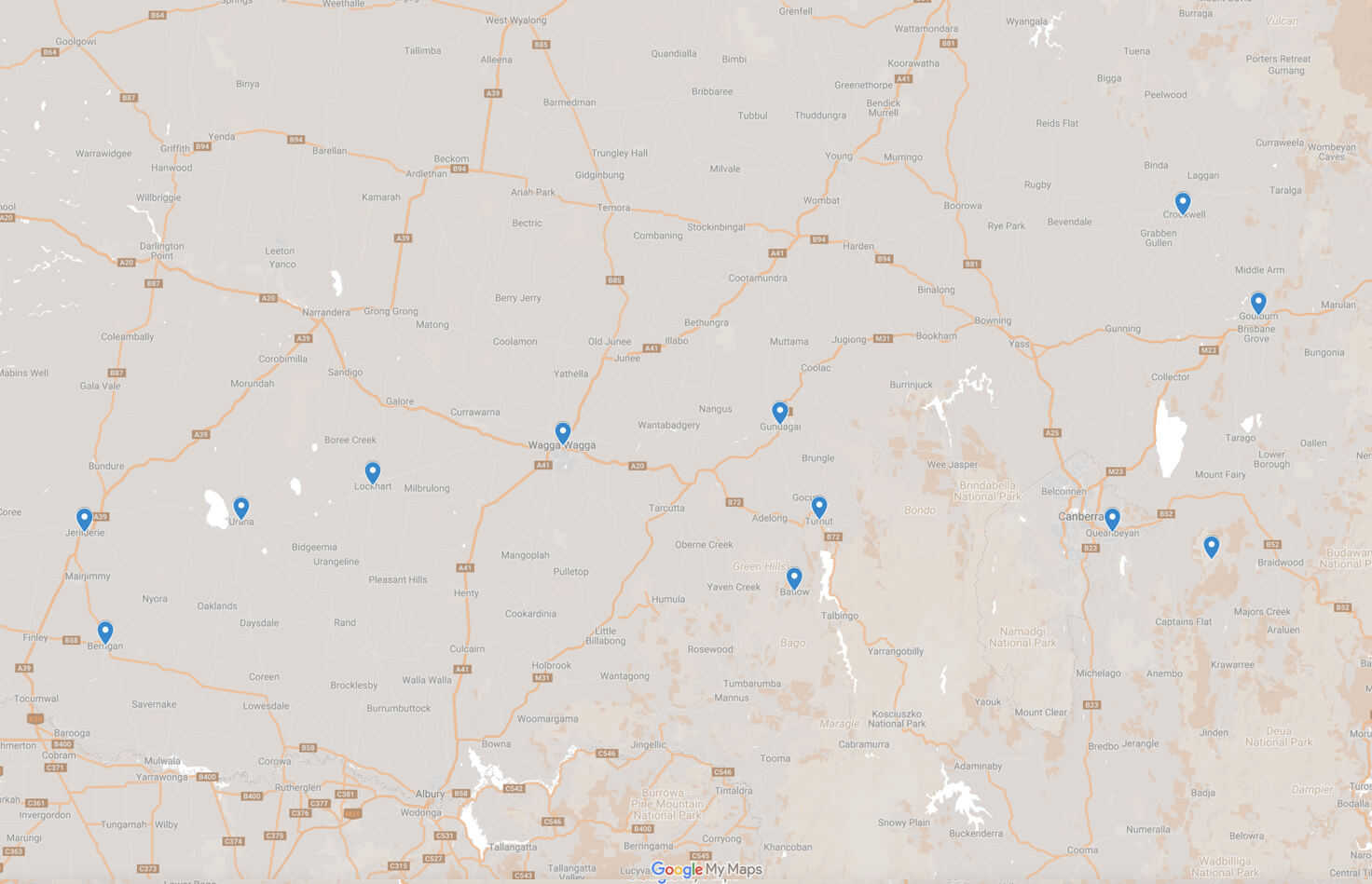 A map of locations Valmar Community Transport services. Blue map pins show the locations for Tumut, Batlow, Gundagai, Lockhart, Urana, Berrigan, Jerilderie, Wagga Wagga, Queanbeyan, Palarang, Goulburn, Crookwell and Upper Lachlan